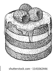Cupcake with raspberry illustration, drawing, engraving, ink, line art, vector