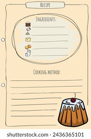 Cupcake recipe template. Cookbook page. Ingredients for cooking. Place for description. Vector illustration