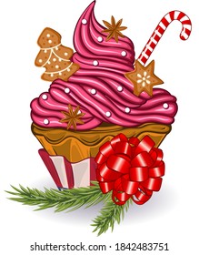 Cupcakes mit roter Schleife, Lebkuchen und Kiefernästen