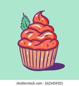 Cupcake with red cream and mint. Hand draw vector illustration. Cartoon style. Isolated on green background.