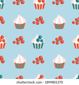 Cupcake and red currant berries on a blue background. Vector, seamless pattern.