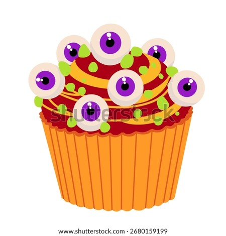 Cupcake with red icing and candy eyes, Halloween dessert candy