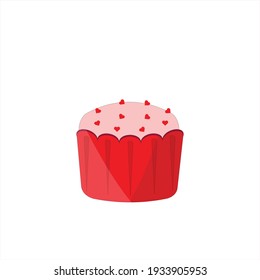 Cupcake in a red shape with pink icing with hearts. Vector illustration.