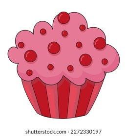 Cupcake with red sprinkles and pink whipped cream. Icon sticker dessert design. Vector sweet muffin illustration.