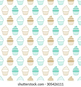 Cupcake retro fabric. Seamless vector pattern. Many little blue and beige cupcakes  on white background.