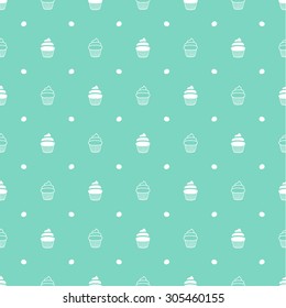 Cupcake retro fabric. Seamless vector pattern. Many little white cupcakes on blue background.