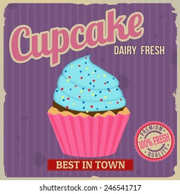 Cupcake retro poster in vintage style, vector illustration