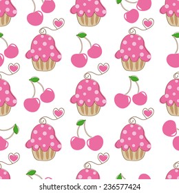 Cupcake retro seamless pattern with cute cake and heart cherry. Vector illustration for design of gift packs, wrap,  patterns fabric, wallpaper, web sites and other.
