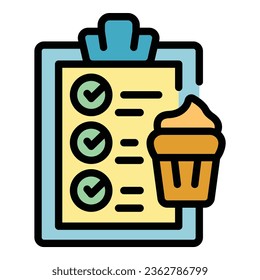 Vector de contorno de icono de revisión de tarta. Inspección de alimentos. Plano de color de la investigación crítica
