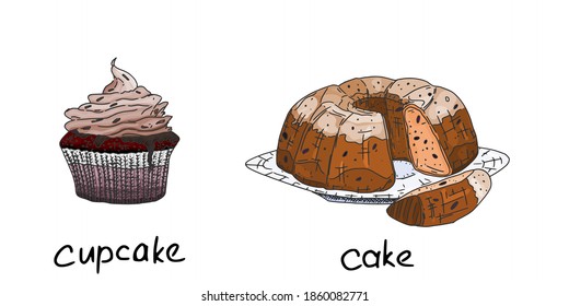 anillo de quequitos y bizcochos. repostería de productos horneados. esbozo de doodle vectorial