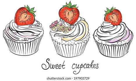Cupcake with ripe strawberry. Hand drawn vector illustration