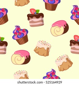 Cupcake, round cake, cake with flowing chocolate cream, chocolate swiss roll seamless pattern. Endless texture with delicious confectionery. Tasty bakery. Vector illustration in flat style design