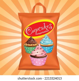 Verpackungsdesign des Cupcakes-Beutels auf grafischem Hintergrund