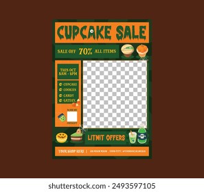 Cupcake Sale Flyer. Template for greeting cards, background, cover, sale banner, flyer, advertising, web, social media.