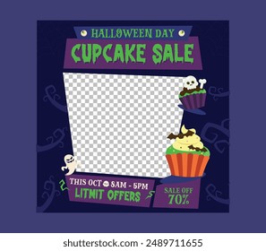 Cupcake Sale Socials Media. Halloween Tales Socials Media. ghost, spider and spider net in a mystical forest before a black background for square banners, invitation, party flyers.