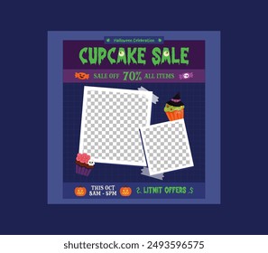 Cupcake Sale Socials Media. Template for greeting cards, background, cover, sale banner, flyer, advertising, web, social media.