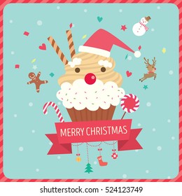 Cupcake santa claus decorated with ribbon and ornaments for Christmas card.