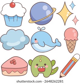 Cupcake, Saturno, três estrelas, nuvens, baleia, sorvete de morango, bolo de morango, dragão verde bonito e lápis.