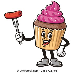 Cupcake with sausage    Cartoon Character Mascot Illustration Vector Clip-art Hand-drawn Logo Design