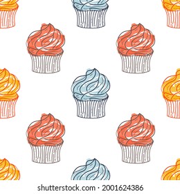 Cupcake. Seamless colorful cupcake pattern. Sketch, art vector illustration