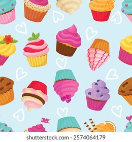 Cupcake seamless pattern. Cartoon cupcakes with creamy chocolate vanilla berries hats. Bakery cafe sweet dessert print design for textile, neoteric vector background