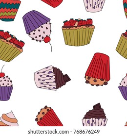 Cupcake seamless pattern in cartoon style. Perfect for print, menu and creative design. Vector illustration. 