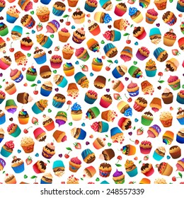 Cupcake seamless pattern. Chocolate cherry vanilla desserts hearts marmalade  