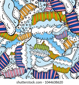 Cupcake seamless pattern. Cute birthday background on white, neutral and black. Sweets background design. Wrapping paper. Vector illustration.