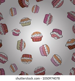 Cupcake seamless pattern. Cute birthday background on white, pink and black. Sweets background design. Wrapping paper. Vector illustration.