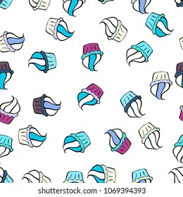 Cupcake seamless pattern. Cute birthday background on white, blue, black, neutral and gray. Sweets background design. Wrapping paper. Vector illustration.