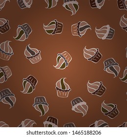 Cupcake seamless pattern. Cute birthday background on brown, white and beige. Wrapping paper. Sweets background design. Vector illustration.