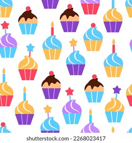 Diseño de patrones sin fisuras para el pastel. Coloridos muffins festivos de cumpleaños con fondo blanco. Postres gastronómicos con velas de dulces. Ilustración vectorial de mosaico de papel de envolvimiento