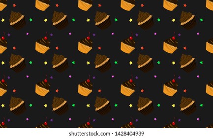 Cupcake seamless pattern isolated in black background. Delicious desserts decorated with chocolate, chocolate sprinkles, cherry fruit and icing.