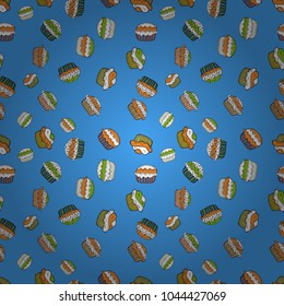 Cupcake seamless pattern. Muffin sweet texture background. Texture for prints, decorations, fabric. Colorful cream dessert backdrop on blue, white and orange. Vector