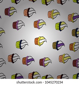 Cupcake seamless pattern. Muffin sweet texture background. Texture for prints, decorations, fabric. Colorful cream dessert backdrop on white, black and yellow. Vector