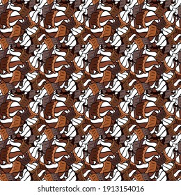 Cupcake seamless pattern. Muffin sweet texture background. Vector. Colorful cream dessert backdrop on white, brown and black. Texture for prints, decorations, fabric.
