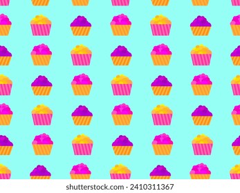 Cupcake seamless pattern. Multi Colored cupcakes, sweet pastries. Festive cupcake in flat style. Design of promotional products, wrapping paper and printing. Vector illustration