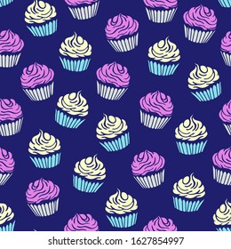 Cupcake seamless pattern with navy blue background. Colorful cupcakes vector illustration. Yummy desserts.