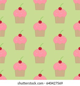 Cupcake seamless pattern on the green background. Vector illustration