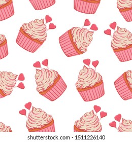 
Cupcake. Seamless pattern. On a white background pink cupcakes with hearts. Vector illustration.