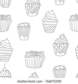 Cupcake seamless pattern in outline style. Perfect for print, menu and creative design. Vector illustration. 
