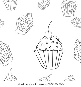 Cupcake seamless pattern in outline style. Perfect for print, menu and creative design. Vector illustration. 