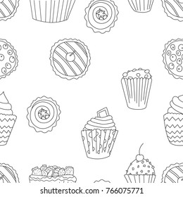 Cupcake seamless pattern in outline style. Perfect for print, menu and creative design. Vector illustration. 