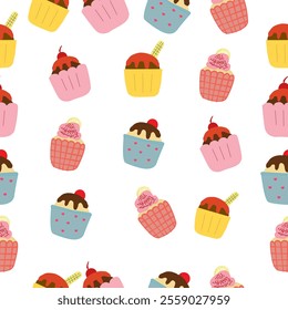 Cupcake seamless pattern. Set Of cupcake. Cute Cupcakes Seamless Pattern.