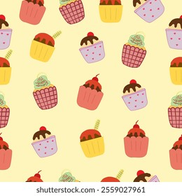 Cupcake seamless pattern. Set Of cupcake. Cute Cupcakes Seamless Pattern.