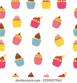 Cupcake seamless pattern. Set Of cupcake. Cute Cupcakes Seamless Pattern.