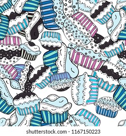 Cupcake seamless pattern. Texture for prints, decorations, fabric. Colorful cream dessert backdrop on white, neutral and black. Muffin sweet texture background. Vector.