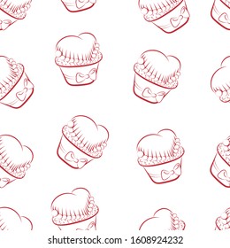 Cupcake. Seamless pattern. Valentine's Day. Contour image of a cupcake with a cream heart and bead confectionery. Vector image.