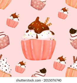 Cupcake Seamless Pattern with Various Flavor