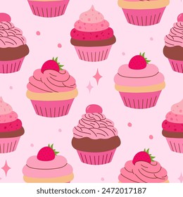 cupcake seamless pattern, various pink cupcakes with cream, frosting, cherry, strawberry, sweet dessert, pattern for print, wallpaper, wrapping, fabric and more, vector illustration